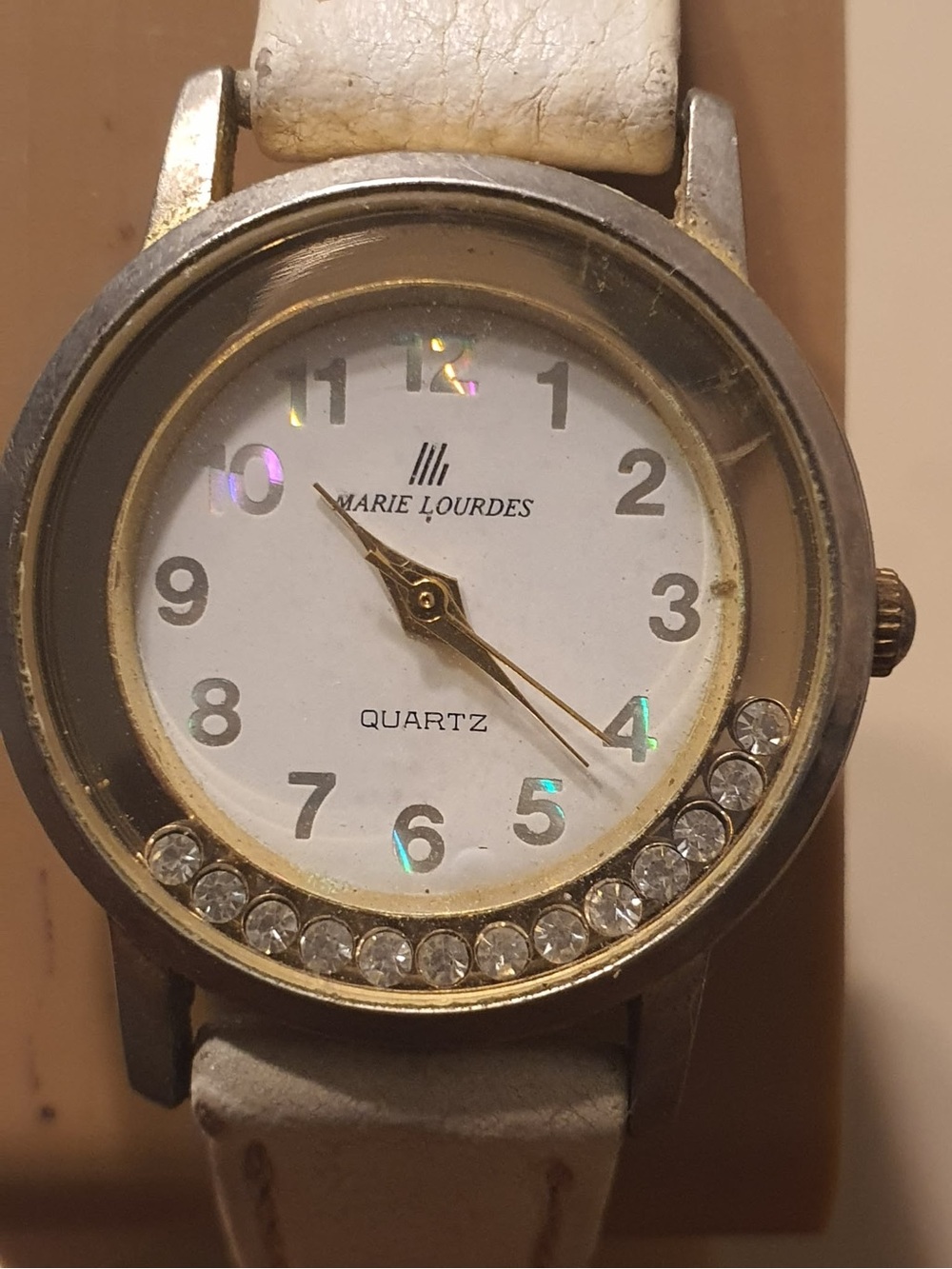 🦋10/$20 Marie Lourdes Goldtone/White Floating Rhinestones Leather Women's Watch